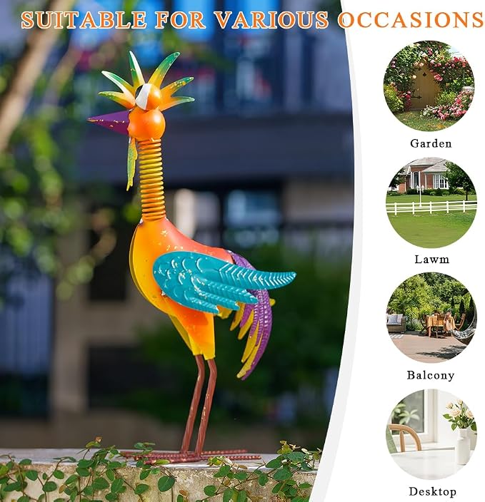Metal Wacky Rooster Garden Statue, Rooster Decor Yard Statue Decorations Outdoor, Chicken Yard Art for Outside, Patio, Backyard, Lawn (Orange)
