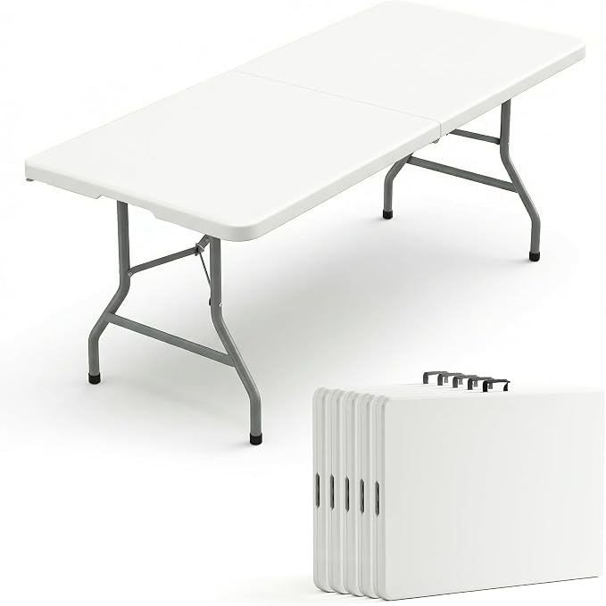 5 Pack of 8 Foot Foldable Table with Built in Handle & Steel Legs, 8FT Portable Heavy Duty Plastic Folding Tables for Parties, Dining, Wedding, Events, Picnic, Indoor & Outdoor, Camping, Utility