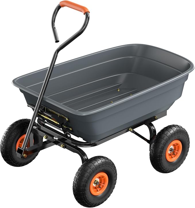 VINGLI Dump Cart Wagon, 600LBS Quick-Release Dump Wheelbarrow, All-Terrain 10" Tires Garden Wagon for Yard, Lawn and Outdoor Use