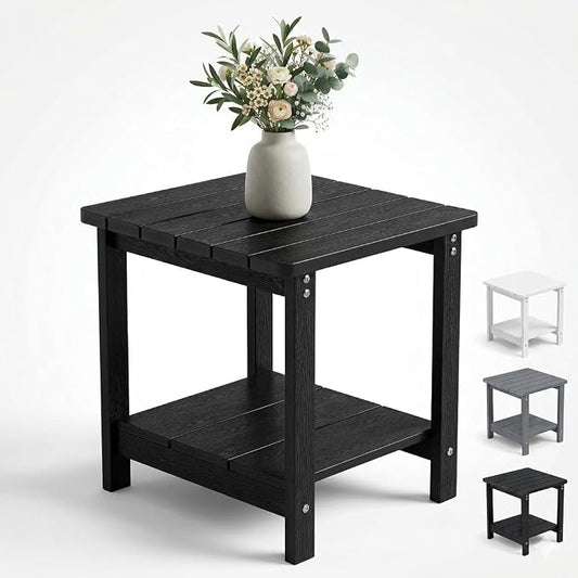 Adirondack Square Outdoor Side Table, 2-Tier Patio Side Table, HDPS End Tables for Porch, Deck, Backyard, Garden, Poolside, Beach, Easy Assembly, Black