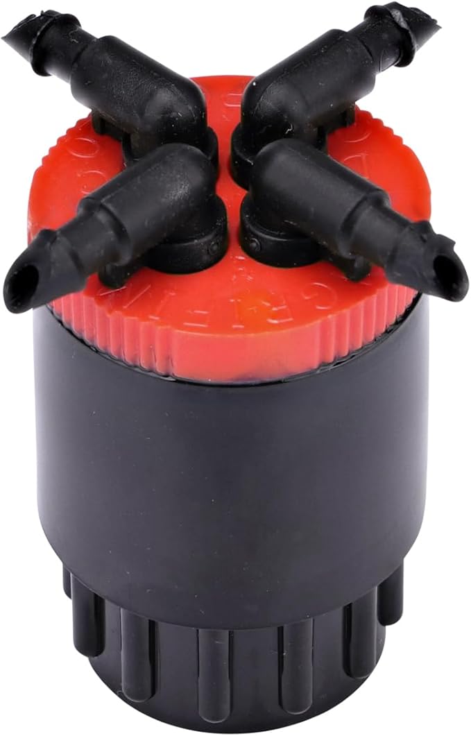 Raindrip QB10UB, Cuatro-Flo® Four-Outlet Bubbler, Drip Irrigation Emitters for Drip Irrigation Gardening Systems, 10 GPH Per Outlet, 1/2-Inch FPT Inlet, Black/Red