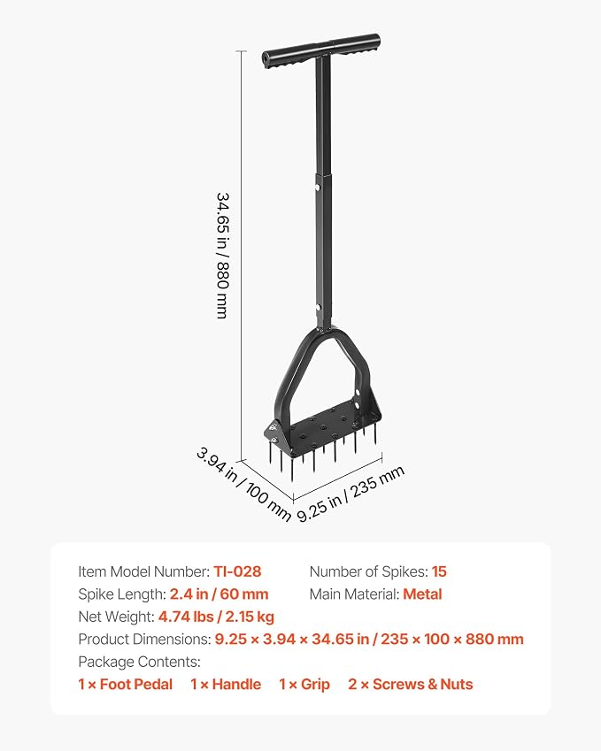 VEVOR Lawn Aerator, 9.2 in Manual Core Aerator Tool with 15 Iron Spikes, Long Handle & Wide Plate, Heavy Duty Grass Aeration Tool, Yard Aerators for Compacted Hardened Soil Lawn Aeration