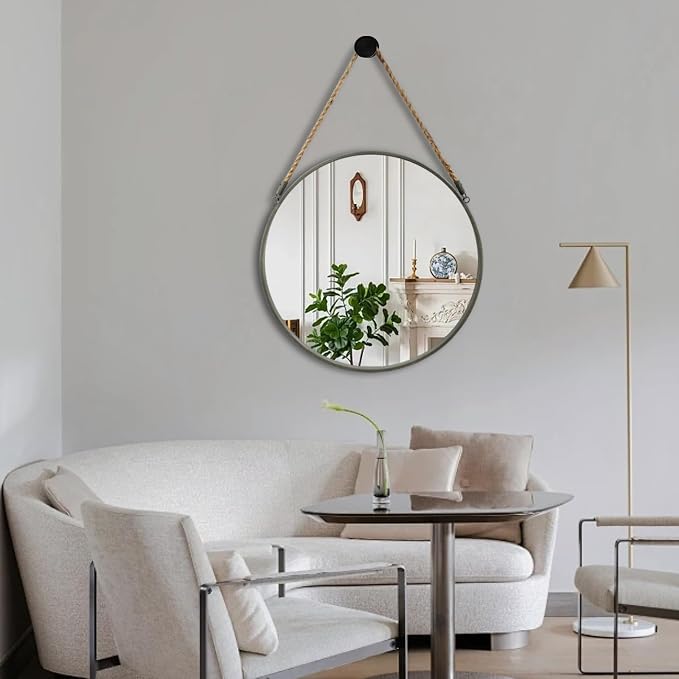 POZINO Round Hanging Mirror, 20 Inch Circle Wall Mirror with Rope, Grey Metal Frame Farmhouse Decorative Mirrors for Entryway, Living Room, Fireplace, Bedroom, Bathroom