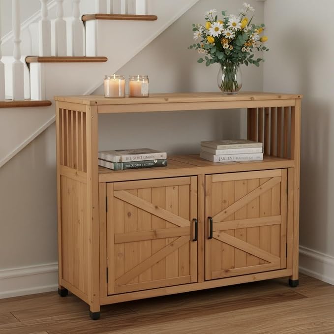 Wooden Outdoor Storage Cabinet, Bar Table Cabinet with Storage, Buffet Sideboard for Patio, Garden, Potting Bench, TV Stand, Balcony, Light Brown