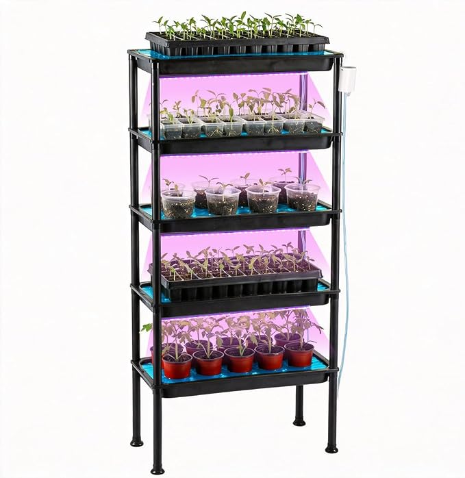 RooTrimmer 5-Tier Hydroponics Growing System, Plant Stand with Grow Lights & Pump - Ebb and Flow Seedbeds, Siphoning Watering, Designed for Nursery Cell Trays, Plant Pots