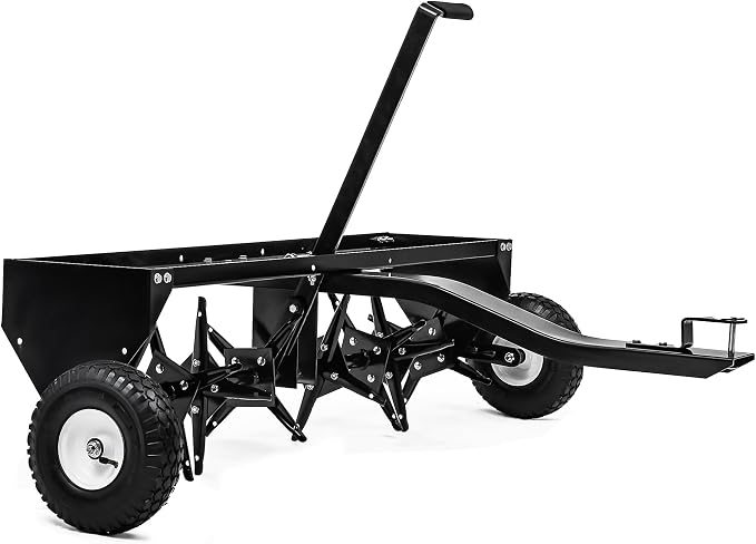 AUTOSAVER88 40" Tow Plug Lawn Aerator with Universal Hitch & Adjustable Handle for Lawn, Farm and Garden, Tow Behind Aerator with 24 Steel Tines & 10" Inflatable Wheels, Aerator Lawn Tool, Black
