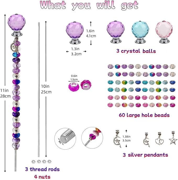 72Pcs Beaded Garden Stakes Kit - DIY Fairy Wand Garden Stake Beads Kit, Fairy Garden Accessories Outdoor for Different Festivals, Beadable Items Ball-(Purple+Lake Blue+Pink)