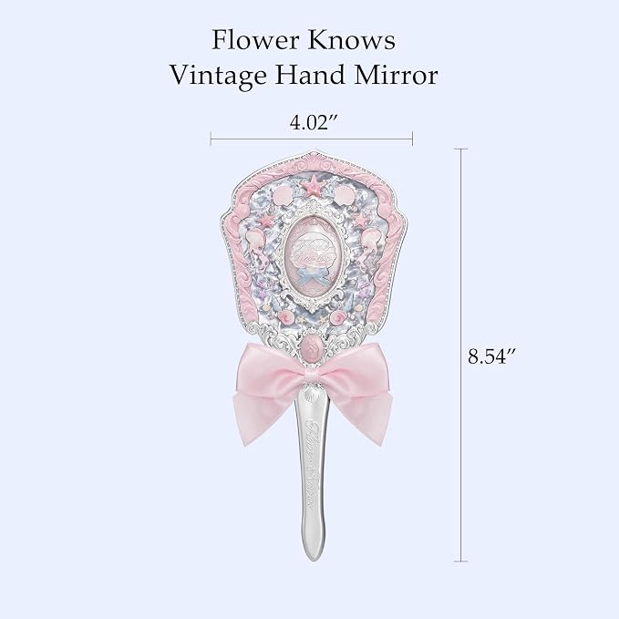 Flower Knows Shell's Jewel Hand Mirror,Vintage Portable Handheld Mirror,Fancy & Pretty Princess Mirror with Long Handle,Gift for Girls(Pink Seashell)