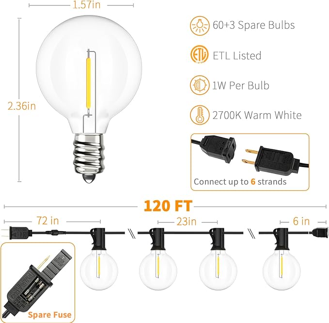 Svater Outdoor String Lights 120 FT, Patio Light with 63 Shatterproof LED Bulbs, Outside Plastic Hanging G40 Globe Lights for Cafe Market Bistro Backyard, Dimmable Warm White 2700K