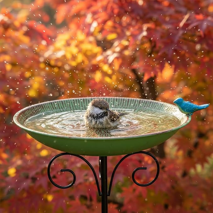 Metal Bird Bath for Outdoor,10" Standing Frees Birdfeeder with Metal Stake,Vintage Bird Baths Feeder Bowl for Outdoors Garden Patio Yard Lawn Decor (Green)