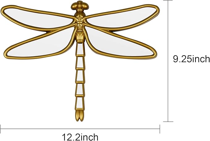 Decorative Golden Dragonfly Wall Mirror, Plastic Frame with Mirrored Wings (12.4 x 9.3 inches)