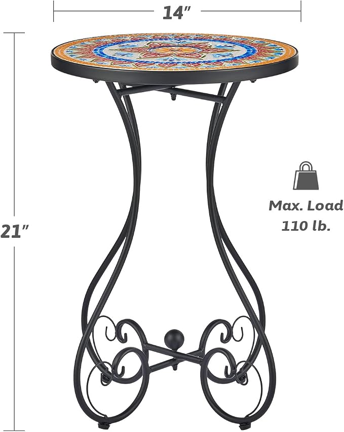 VONLUCE Outdoor Side Table and Mosaic Plant Stand, Round End Table with 14" Ceramic Tile Top for Patio Porch Decor, 21" Tall Indoor Outdoor Accent Table, Small Coffee Table for Home Garden, Ukrainian