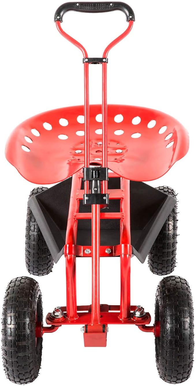 KINTNESS Garden Cart Seat Rolling Scooter Wagon with Extendable Steering Handle Swivel Seat & Utility Basket Red