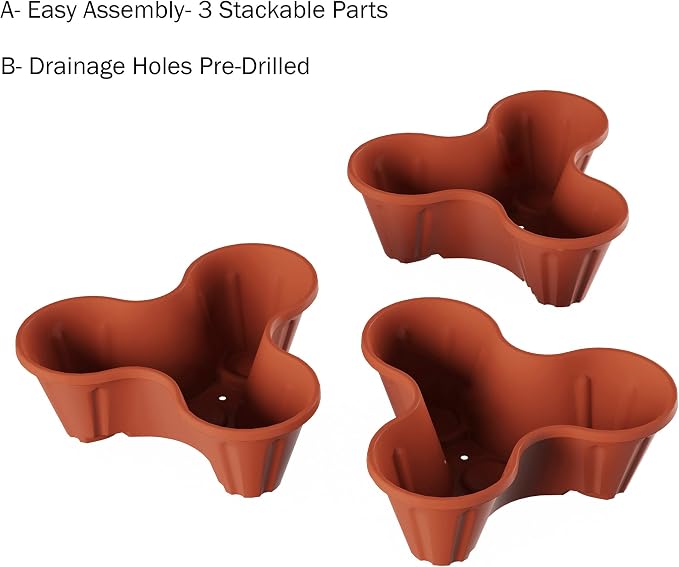 Stacking Planter Tower- 3-Tier Space Saving Flower Pots- Set of 3 Indoor/Outdoor Vertical Herb & Vegetable Garden by Pure Garden (Terracotta Colored)