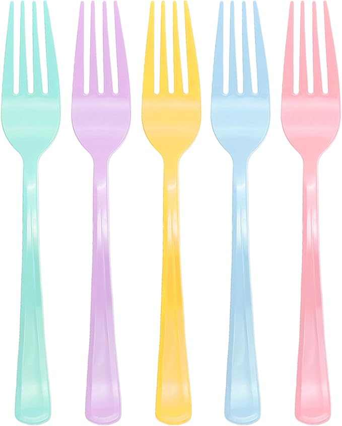 100 Pcs Pastel Plastic Forks, Pastel Plastic Silverware, Heavy Duty Plastic Cutlery Set Disposable Utensils Sets for Brithday, Wedding, Tea Party, Garden Party