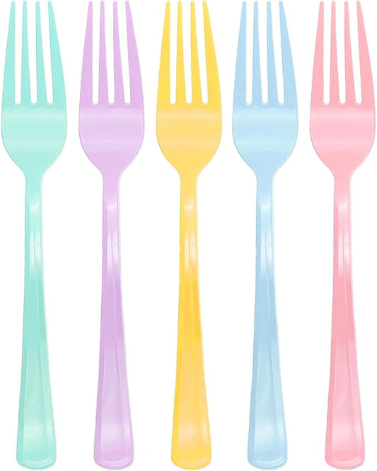 100 Pcs Pastel Plastic Forks, Pastel Plastic Silverware, Heavy Duty Plastic Cutlery Set Disposable Utensils Sets for Brithday, Wedding, Tea Party, Garden Party