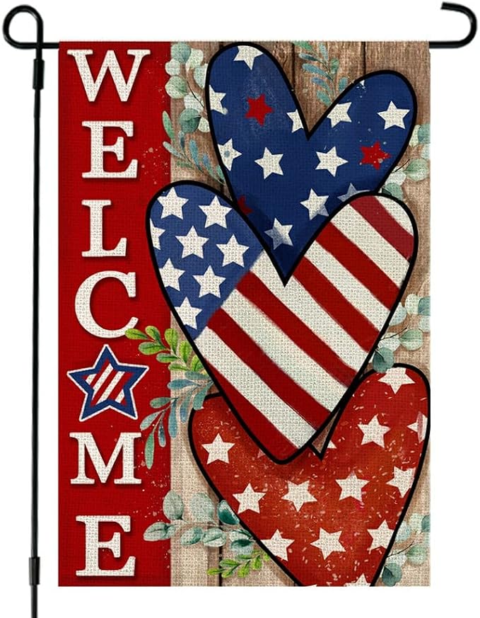 CROWNED BEAUTY 4th of July Patriotic Welcome Garden Flag 12x18 Inch Double Sided USA Flag Hearts Blue Red Memorial Day Independence Day Outside Yard Party Decoration