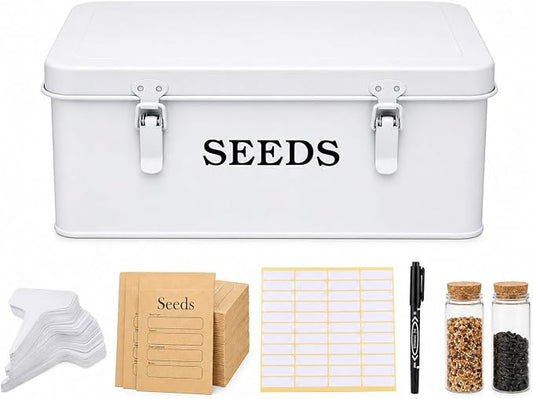 Seed Storage Box, Metal Seed Bin Seed Storage Organizer, 4 Dividers Seed Container with Safety Lock, Seed Box with Professional All-in-one Kit, White
