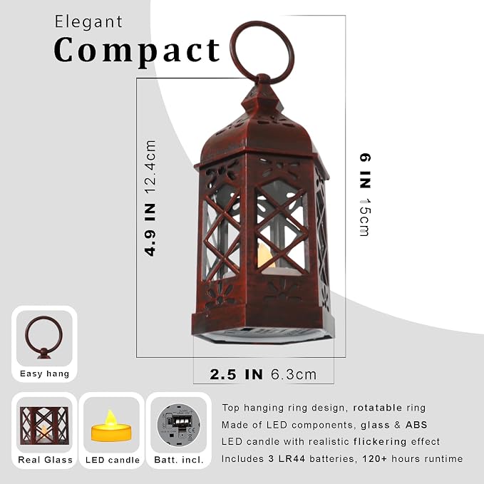 12Pcs Mini Moroccan Lanterns (Brushed Red) with LED Candle - Hanging Vintage Small Lanterns for Ramadan, Wedding, Easter, Christmas, Churches - Table Centerpieces & Medieval/Themed Decor