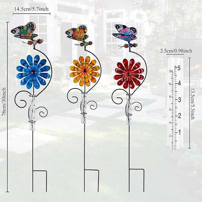 Rain Gauge Outdoor, 3 Pack Butterfly Rain Gauges with 5" Plastic Tube, Metal Flower Decorative Garden Stakes for Yard Patio Lawn Decor