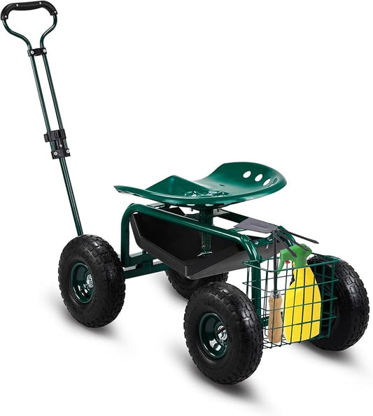 VINGLI Wheeled Gardening Stool, 360° Swivel Rolling Seat Garden Cart with Adjustable Handle & Utility Tool Tray, Outdoor Planting Wagon Scooter for Yard Patio Lawn, Green