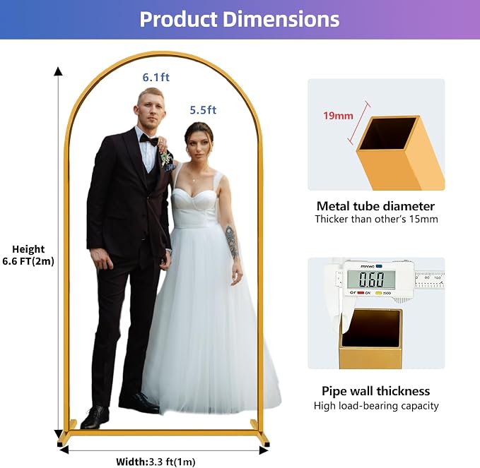 Hemmotop 6.6FT Arch Backdrop Stand for Party, Ceremony, Metal Arch Frame with Ground Stakes, Gold Photo Back Drop Stand for Bridal Shower, Birthday, Photo Booth, Garden Decoration, Baby Shower