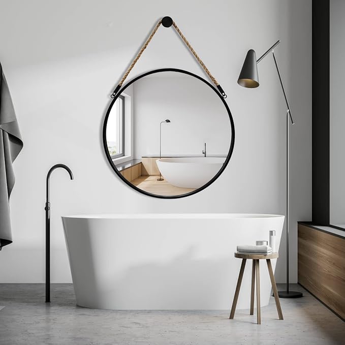 POZINO Round Hanging Mirror with Rope, 30 Inch Large Circle Wall Mirror, Black Metal Frame Farmhouse Mirror for Bathroom Bedroom Living Room Entryway Hallway