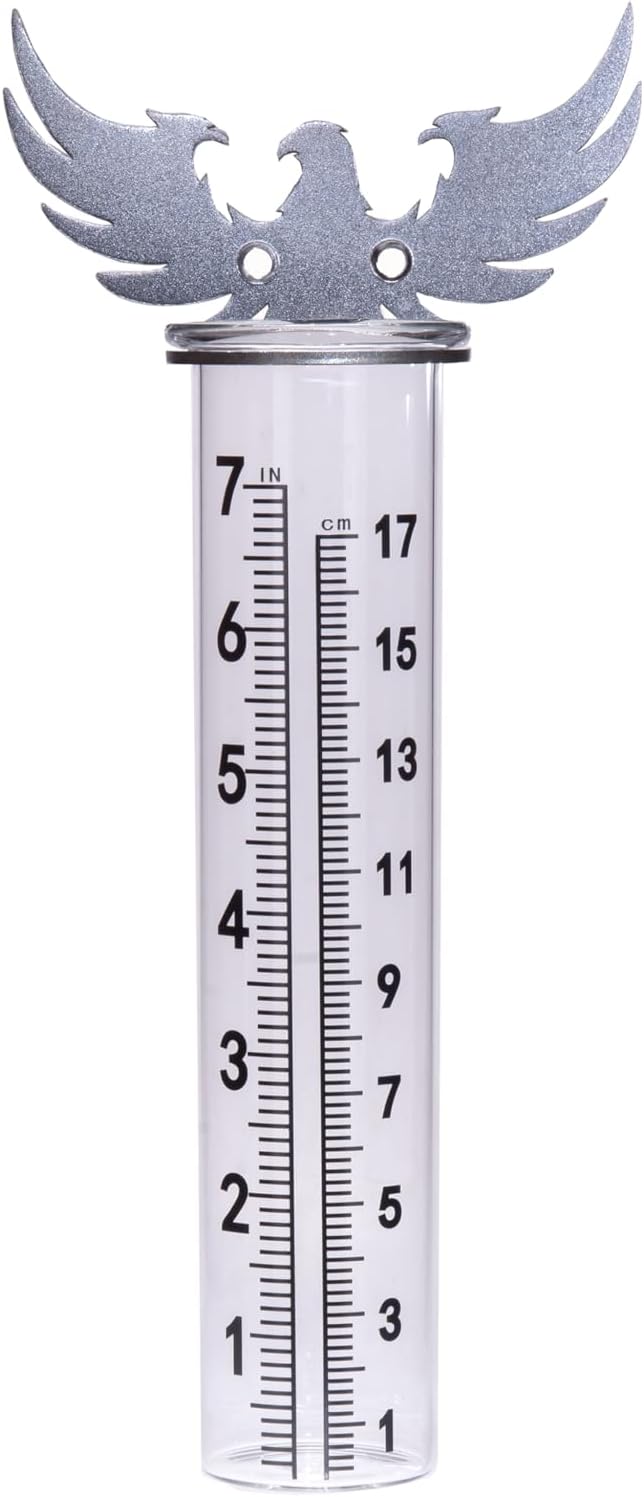 7" Rain Gauge Outdoor, Accurate Glass Tube Best Rated with Eagle Shape Rack, Decorative Eagle Rain Measure Tool for Garden, Lawn, Patio (Style A)