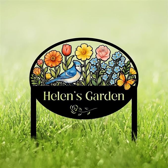 Personalized Metal Yard Sign for Mother's Day, Bird & Flower Design, Gift for Garden Lovers, Metal Sign, Garden Decor (Blue Jay)