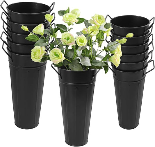 12 PCS 9 Inch Metal Flower Vase for Cut Flowers, Galvanized Metal Floral Buckets, Vintage Style Galvanized Flower Bucket for Home Décor & Wedding Centerpiece (Black)