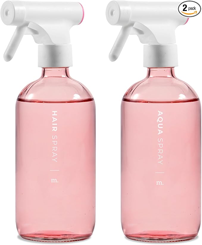 MAISONOVO Glass Spray Bottles 16 Oz Pack of 2 - Pink Spray Bottle For Hair with Fortified Glass & Fine Mist Pumps - Ideal for Salons, Barbers, Stylists, Pet Groomers & Daily Hair Care - 16 Labels