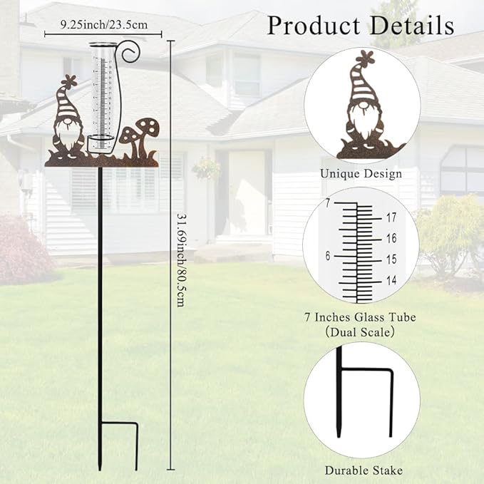 Rain Gauge Outdoor, Gnome Decorative Rain Gauges for Yard, Freeze Proof Rain Gauge with 7" Glass Tube, Metal Garden Stake for Measuring Precipitation