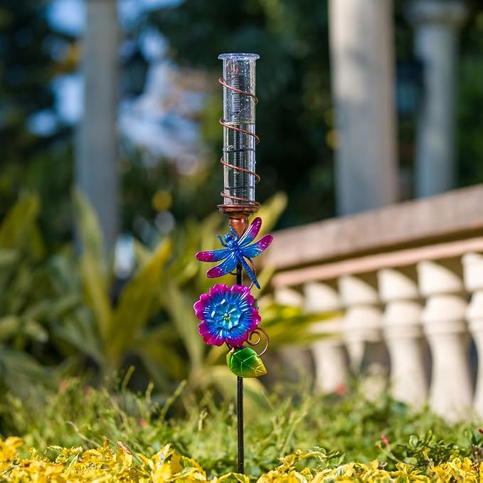 Stargarden Rain Gauge Outdoor, Solar Rain Gauge, Solar Measuring Gauge, Dragonfly Decorative Rain Gauge with 7" Plastic Tube for Yard Lawn Garden