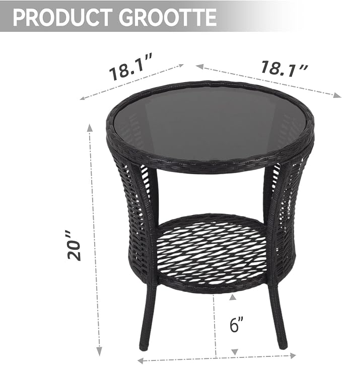 Outdoor Side Table - Patio Wicker End Table with Extra Storage Shelf, Rattan Outdoor Side Table with Round Glass Tabletop for Garden, Backyard, Porch, Black
