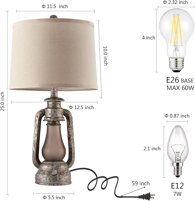Farmhouse Rustic Table Lamps Set of 2, Iron Gray | Vintage Lantern Design, Dual USB Ports, 25 Inch Tall, 4 Bulbs Included