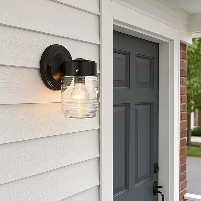 Design House Jelly Jar 1 Light Wall Light, Oil Rubbed Bronze, Outdoor Downlight, Clear Glass, Wet Rated, 7.5 in H x 4.5 in L x 5.25 in W, 60W Medium Base, Model 505198