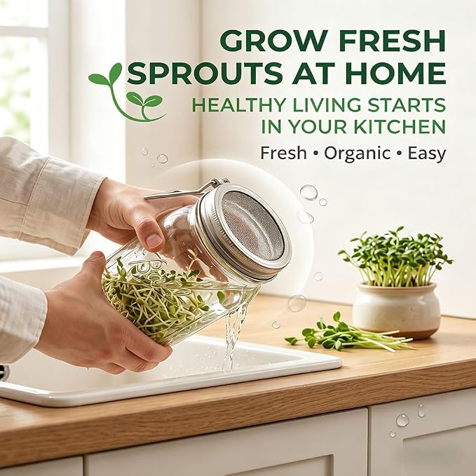 2 PCS Mason Jar Lids Sprouting Sprouts Growing Kit Seed Metal Bean Company Broccoli Masontops Maker Wide Mouth Mesh Microgreen Grower Stand Attachments Multi Pour Glass Rack Filter Germinating