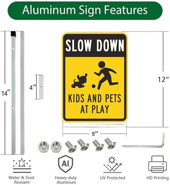 dog crossing sign,Kids and dogs at Play yard Sign with Reflective Aluminum Lawn Signs,slow down Rust Free Garden Signs (8x12in)