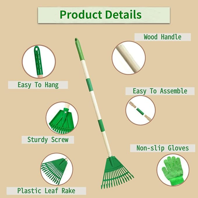 Kids' Leaf Rakes, Small Children's Lawn and Garden Tools, Toddler Yard Tool Set, 2 Pcs 35'' Plastic Head Leaf Rake with 2 Pairs of Gloves, Adjustable Wooden Handle , Safe for Boys and Girls