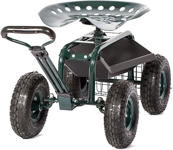 KINTNESS Garden Cart Seat Rolling Scooter Wagon with Extendable Steering Handle Swivel Seat & Utility Basket...(Green