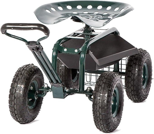 KINTNESS Garden Cart Seat Rolling Scooter Wagon with Extendable Steering Handle Swivel Seat & Utility Basket...(Green