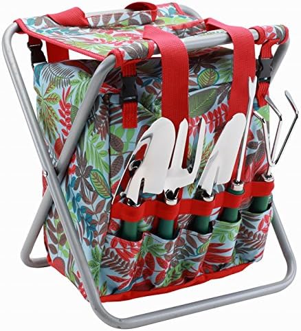 7-piece Garden Tool Set with Tote and Folding Stool Seat