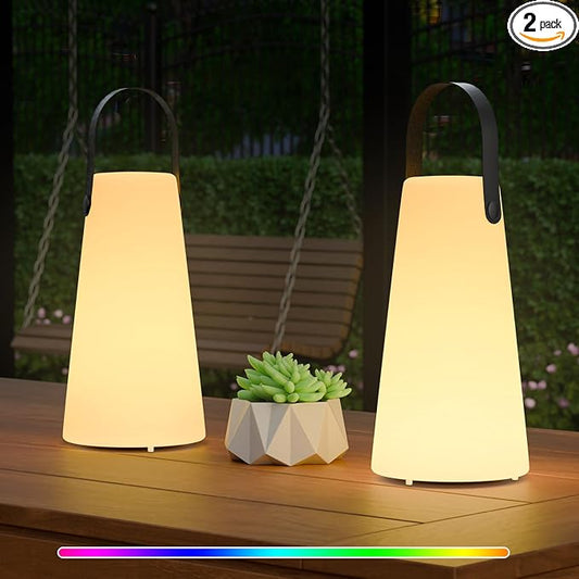 2 Pack Outdoor Lamps, NiceBuy Rechargeable Outdoor Lanterns Table Lamp with IP44 Waterproof, Battery Operated Portable Hanging Cordless Outdoor Lamp RGB Colors for Patio Camping Balcony Porch