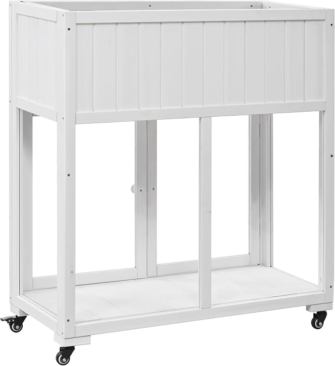 Merax Raised Garden Bed with Leg, Potting Bench with Wheels Outdoor Garden Work Bench Station Planting Solid Wood Construction for Horticulture w/Storage Cabinet, White
