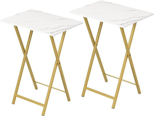HOOBRO Folding TV Tray Tables, Set of 2 Side Table for Small Space, Industrial Snack Tables for Eating at Couch, Stable Metal Frame, Easy Assembly, Space Saving, Marble and Gold DM25BZ01