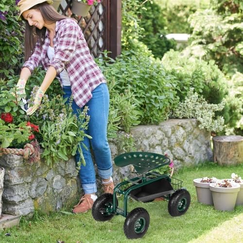 VINGLI Garden Cart with Rolling Seat, Wheels, Steering Handle & Utility Tool Tray, Planting Wagon Scooter, Gardening Tool for Senior, for Patio, Backyard, Lawn & Outdoor (Dark Green)