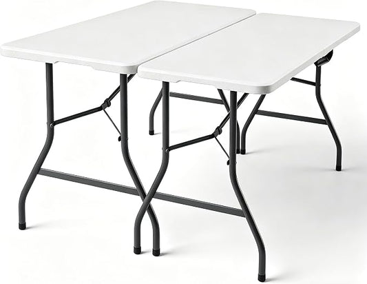 2 Pack 5ft Folding Table, Foldable Picnic Table with Carrying Handle, Heavy Duty Fold-in-Half Portable Table for Weddings, Camping, RV Travel, Parties, and Indoor Use, Easy to Fold and Store, White