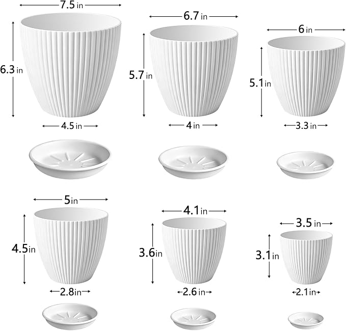 SupKing White Plant Pots with Drainage Saucers 7.5/6.7/6/5/4/3.5 Inch Set of 6,Plastic Flower Pots Planters with Multi Mesh Drainage Holes Nursery Planting Pot for Indoor Outdoor Garden Plants