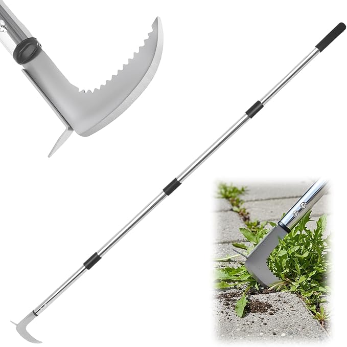 Weed Puller Tool, 59" Stainless Steel Weed Remover Tool Crevice Weed Picker Tools L-Shaped Stand Up Garden Hoe for Garden,Sidewalk,Patio, Multi-Action Manual Grass Remover for Deep Digging Cutting