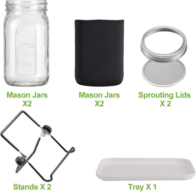 Seed Sprouting Jar Kit, 34oz Mason Wide Mouth Jars 2pc with 316 Stainless Steel Sprouting Lids, Drain Tray, Blackout Sleeves for Broccoli, Mung Beans, Pea, Cat Grass & Buckwheat
